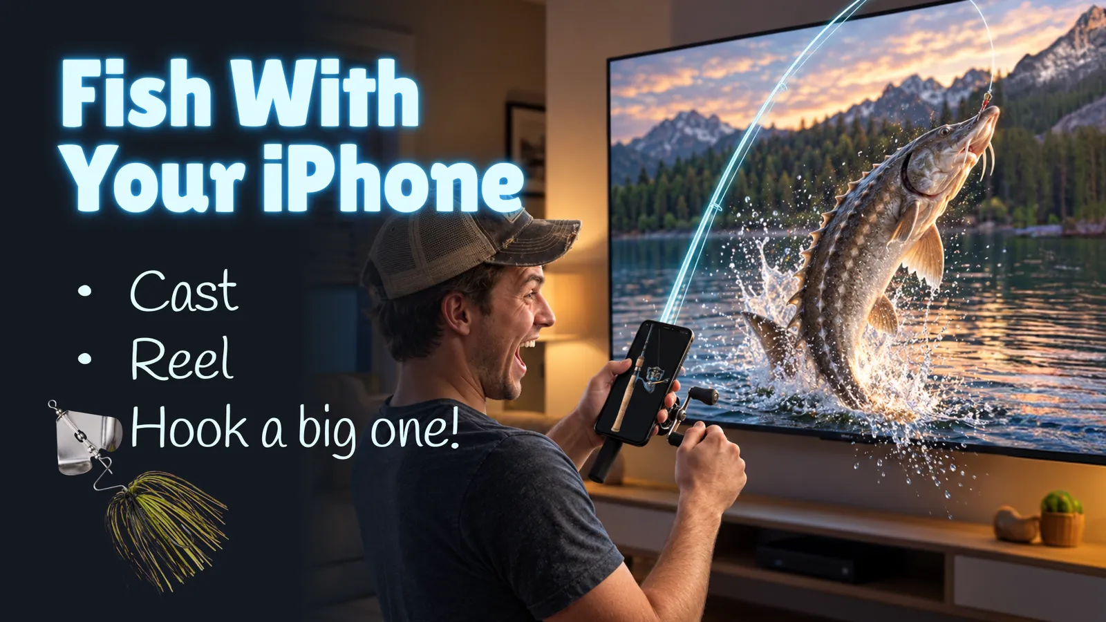 A man plays the Reel Fishing game, casting with his iPhone as a big fish leaps out of the water on his TV